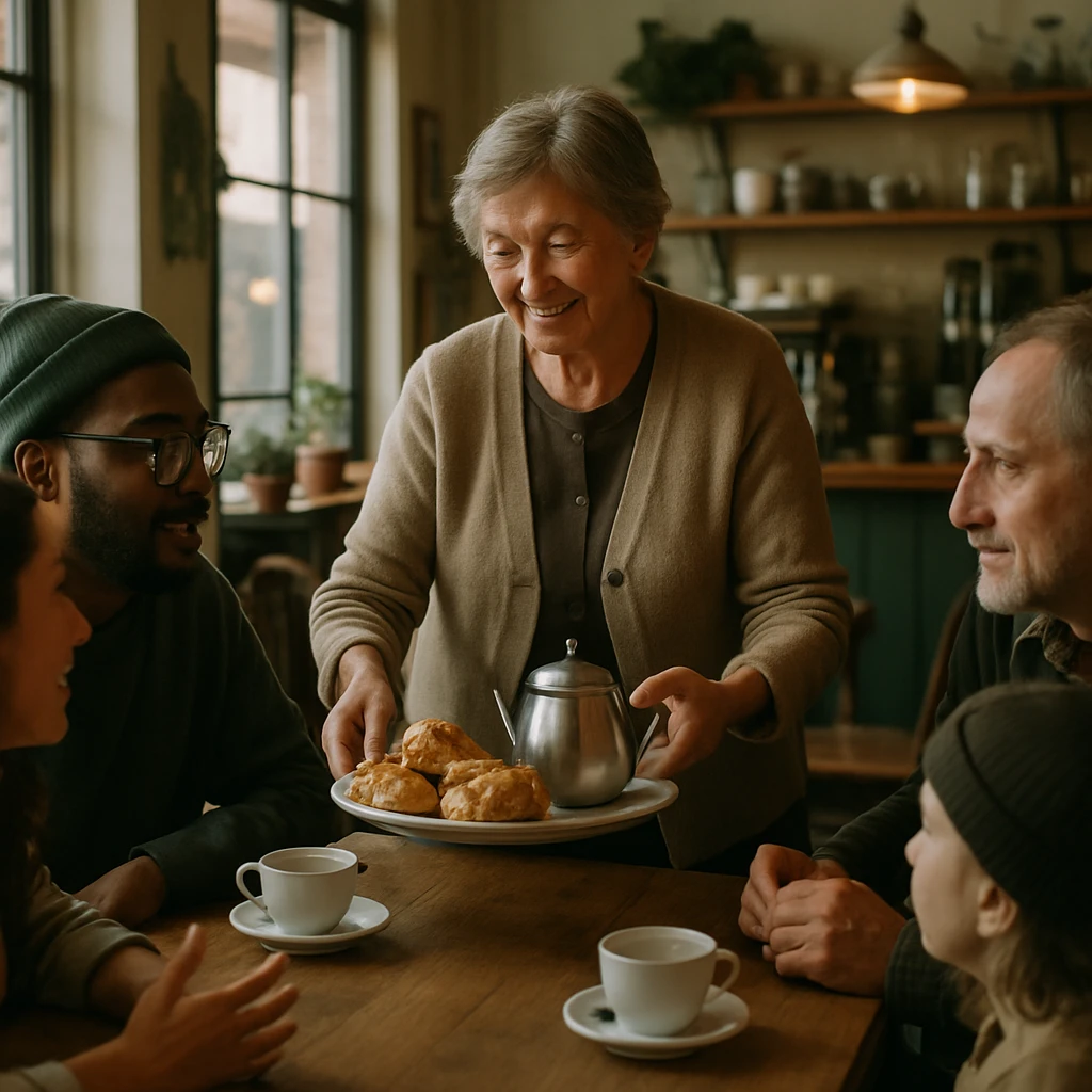 カフェの中で高齢女性が笑顔でお茶と焼き菓子を提供し、多様な年齢や国籍の人々が木のテーブルを囲んで語り合う様子。