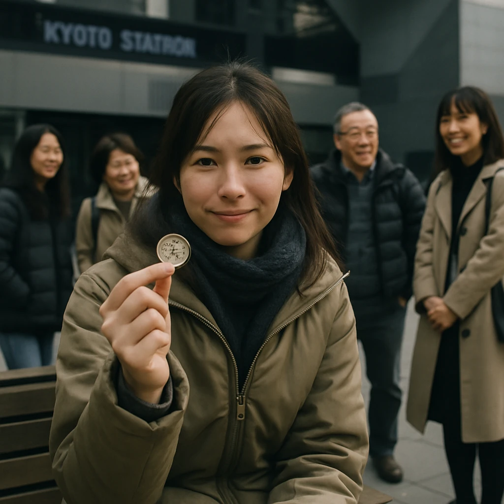 京都駅のベンチで手書きメッセージ入りのコインを見つめる若い女性と、その周囲で交流するファンたちの様子を写した写真。