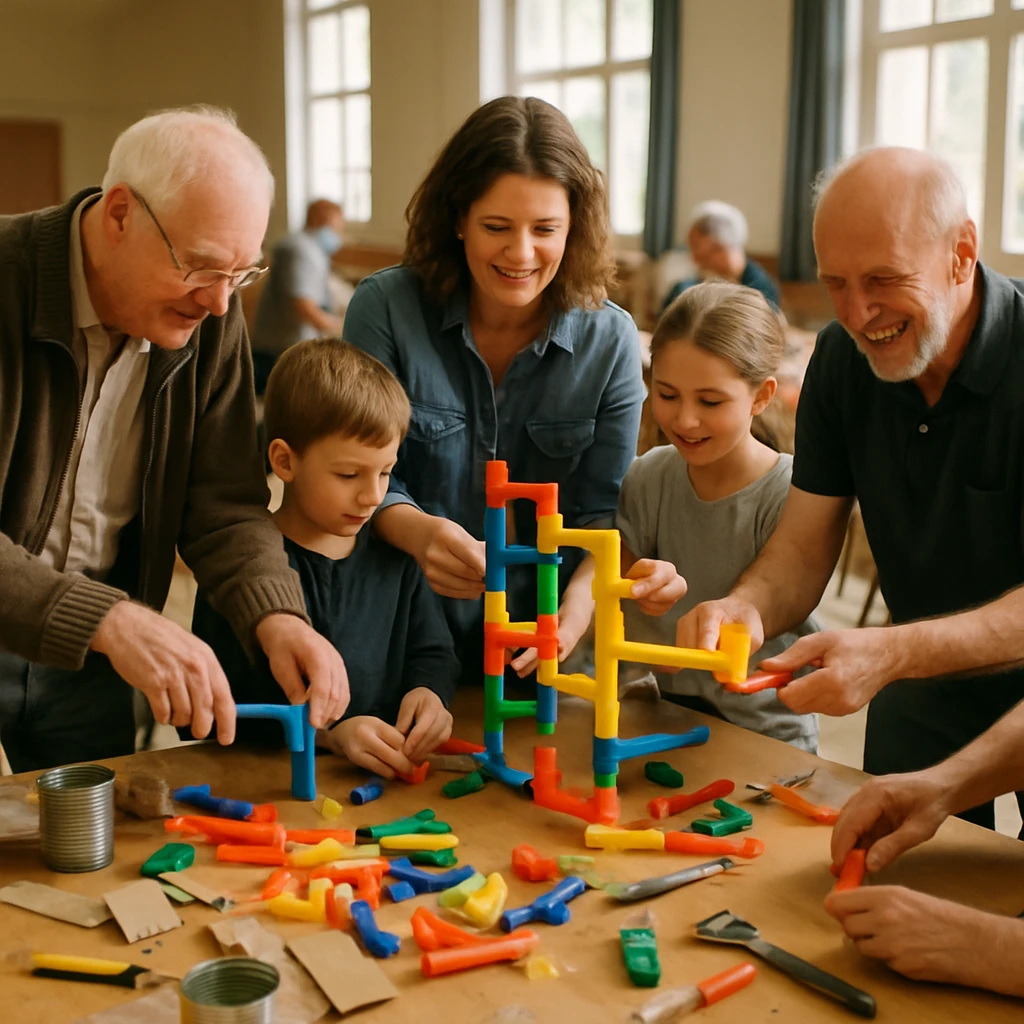 地域のコミュニティホールで子どもから高齢者まで多様な人々が集まり、テーブル上でカラフルなビー玉転がしの部品を協力して作っている様子。