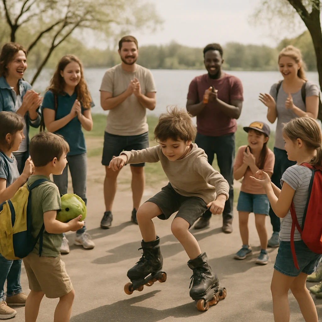 湖畔の公園で色とりどりのリュックサックを背負った人々が輪になり、中央でインラインスケートの少年を応援している様子。