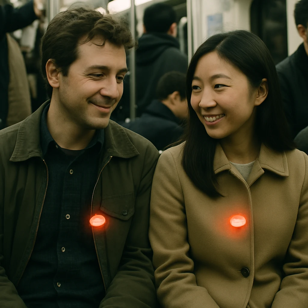 地下鉄の車内で、スマイルボタンがほのかに光るバッジを胸につけた二人の通勤客が優しい表情で座っている様子。