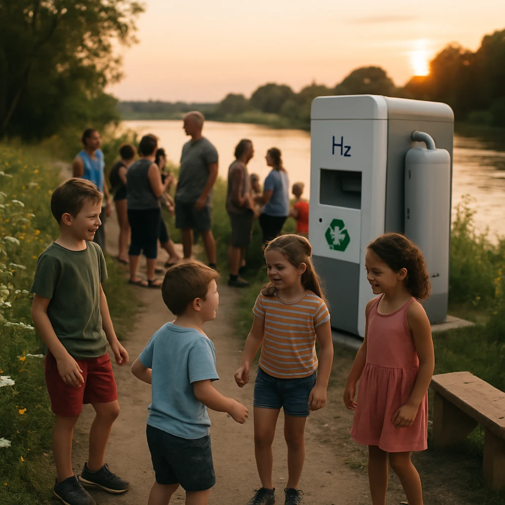夕暮れのきれいな川辺で、子どもや住民がリサイクル装置のそばに集まる様子を写した写真。