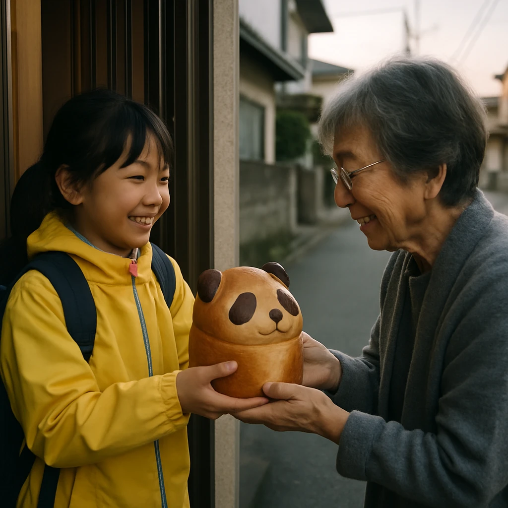 小学生の女の子がパンダ型の食パンを手に、おばあさんの自宅玄関先で笑顔で手渡している朝の様子。