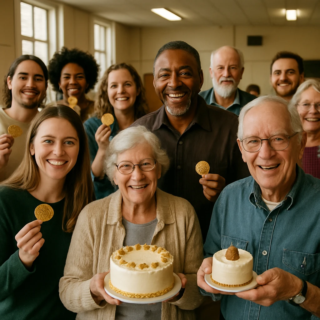 明るい会場でカブトムシ型コインとケーキを持ち微笑む多世代の人々が祝福する様子の写真。