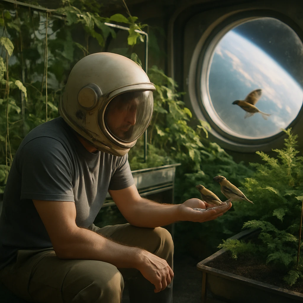 宇宙船内の緑あふれるガーデンスペースで、宇宙飛行士が小鳥に餌をあげている様子。