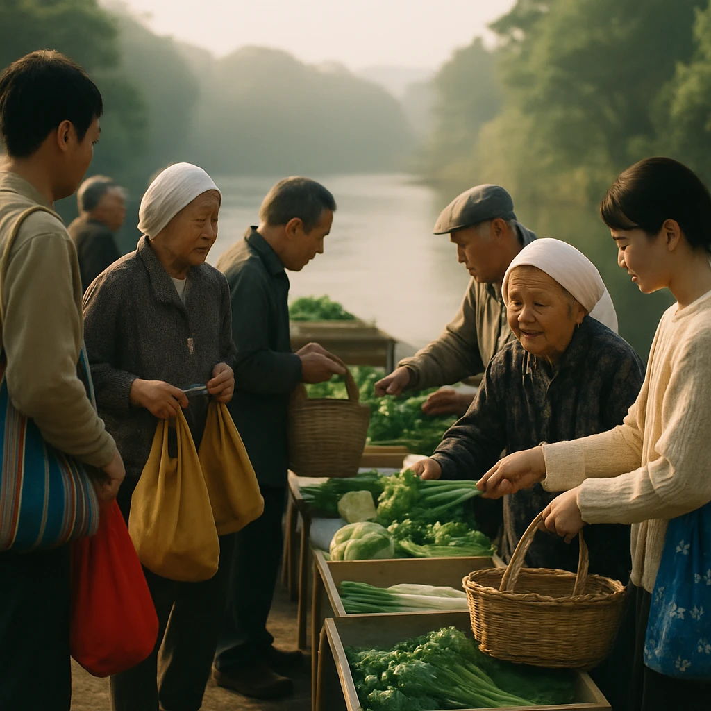 柔らかな朝日が差し込む河川敷の朝市で、色とりどりの布バッグやカゴを持った人々が地元野菜を手渡しでやりとりしている様子。