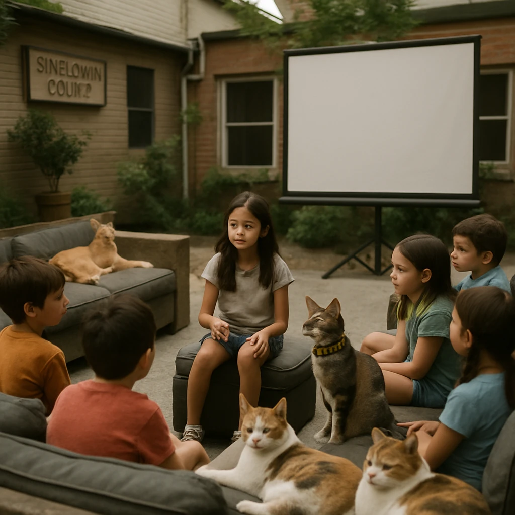 ヒマワリ裁判所の裏庭で、ソファに座る子どもたちと日向ぼっこする猫たちが集まっている様子の写真です。