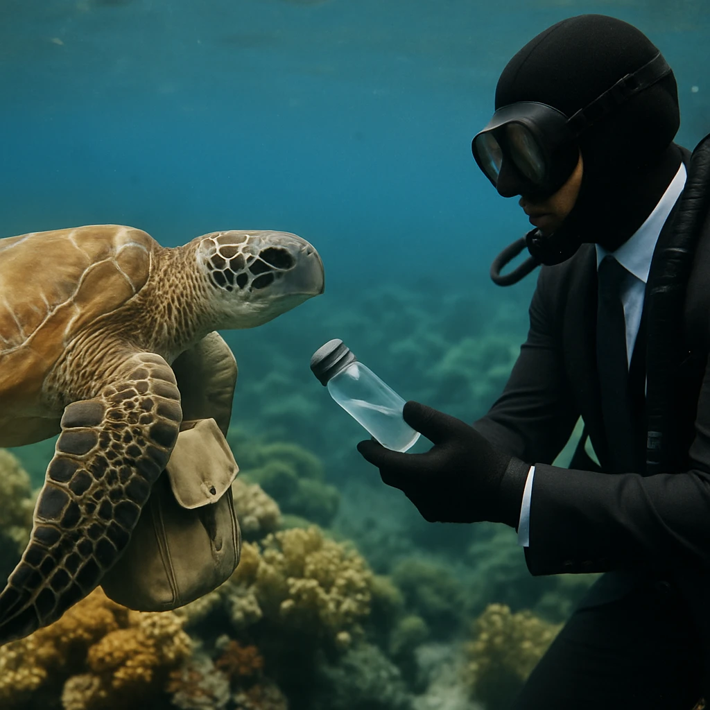 珊瑚礁のそばで、潜水服を着た人物がカメにカプセルを手渡している水中シーン。