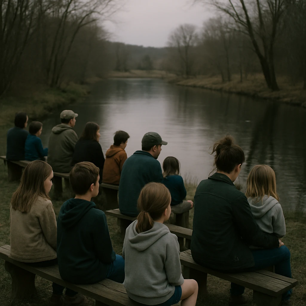 春の夕暮れ、川沿いのベンチに座る家族連れが静かにカエルの合唱に耳を傾けている写真。