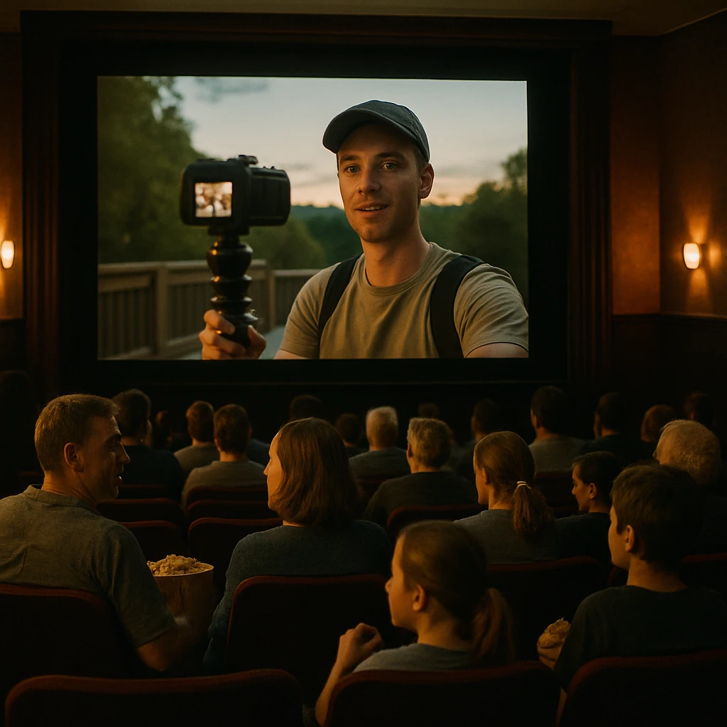 夕暮れ時の小さな映画館で、老若男女がポップコーンを持ちながら手作りVlog上映を楽しむ町民たちの様子。