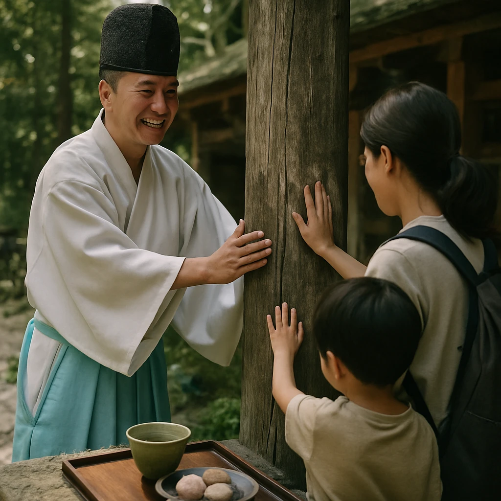 奈良の山間にある古い神社で、笑顔の神主が観光客に本殿の柱を案内している場面の写真。