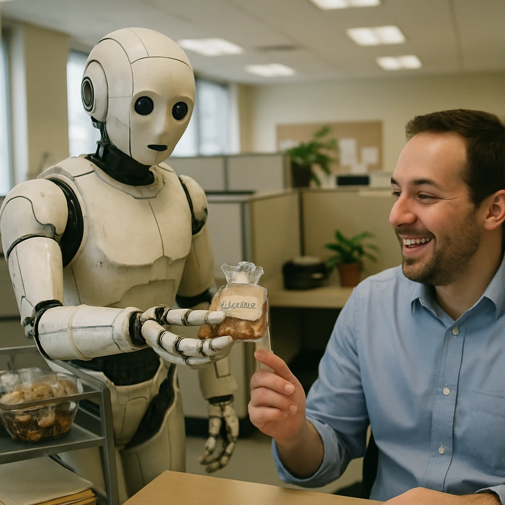 オフィスでロボット社員が手作りクッキーをオフィスワーカーに差し出している様子の写真。