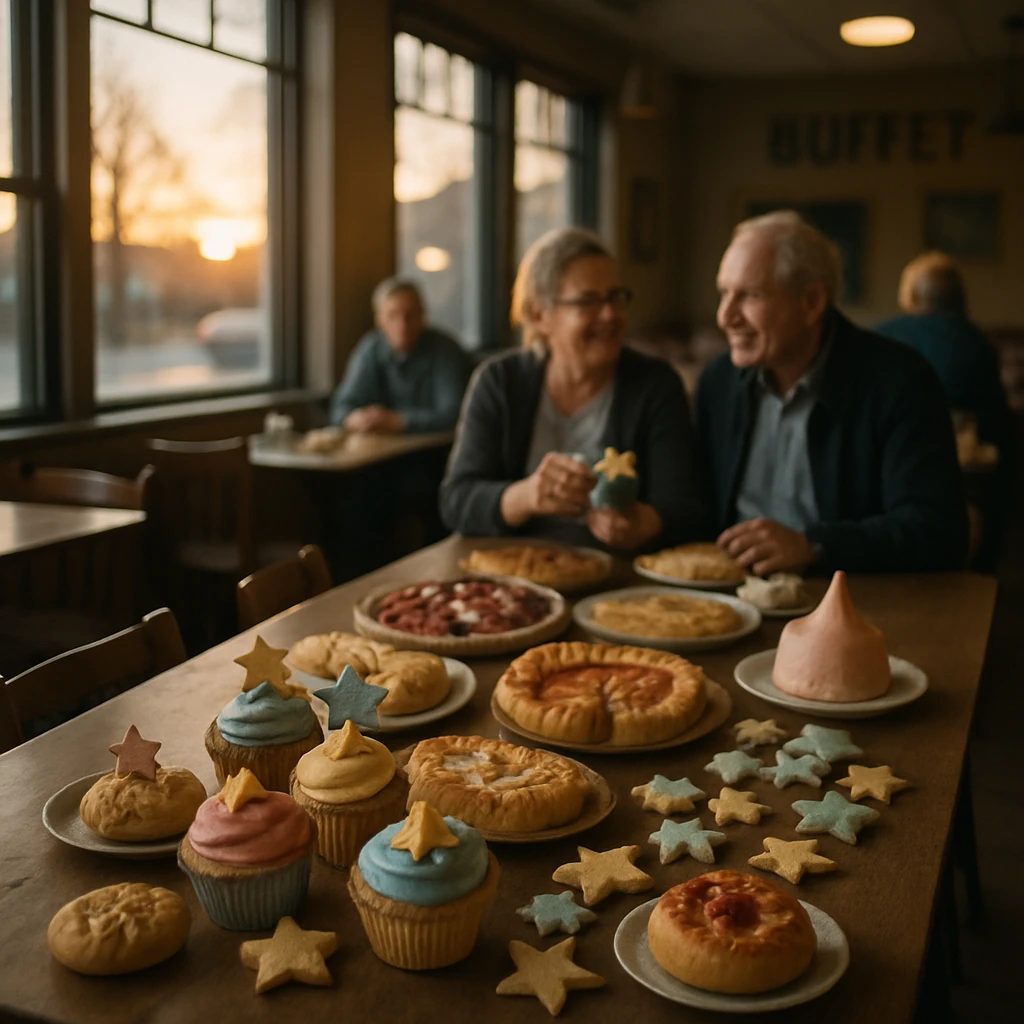朝のカフェでテーブルに並ぶカラフルなスイーツを囲み、少人数の客が静かに語り合う様子を写した写真。