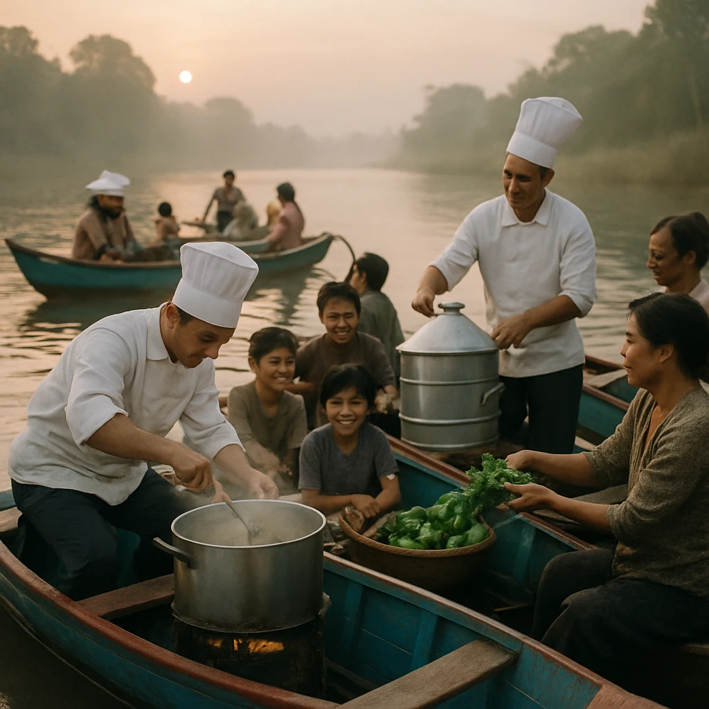 朝焼けの中、川を進む色とりどりの小舟で調理をする人々と、それを囲む子どもや村人の様子。