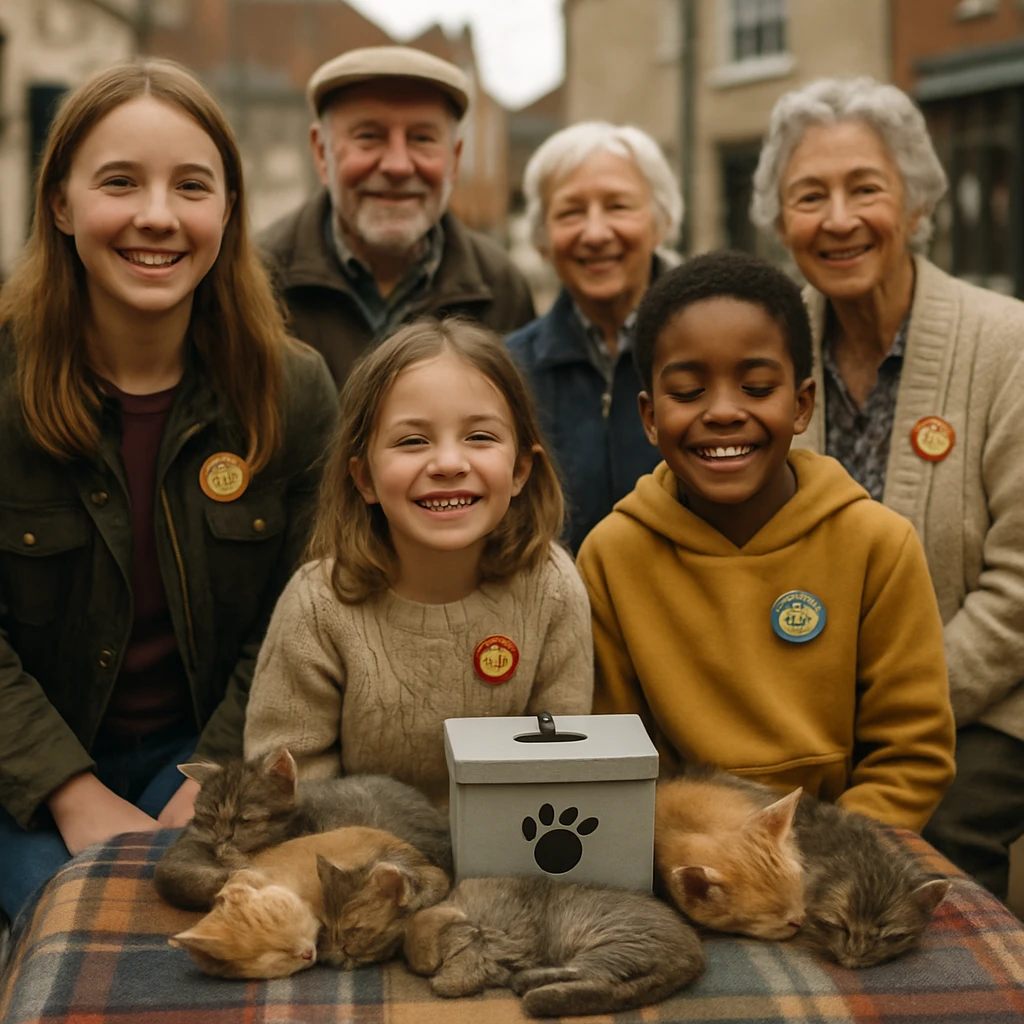 町の広場でカラフルなバッジをつけた子どもたちと高齢者が集まり、こねこたちがミニ投票箱のそばで丸くなって眠っている様子の写真。