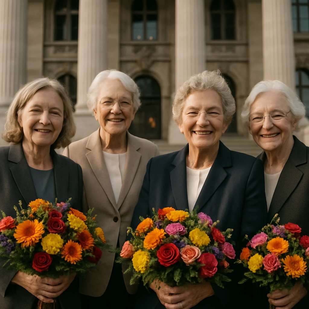 花束を手に笑顔で国会議事堂前の階段に立つ高齢の女性議員たちの集合写真。