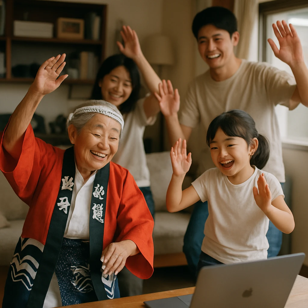 古民家のリビングで、祭り装束をまとった高齢女性と家族がパソコンの画面を見ながら一緒に踊っている様子。