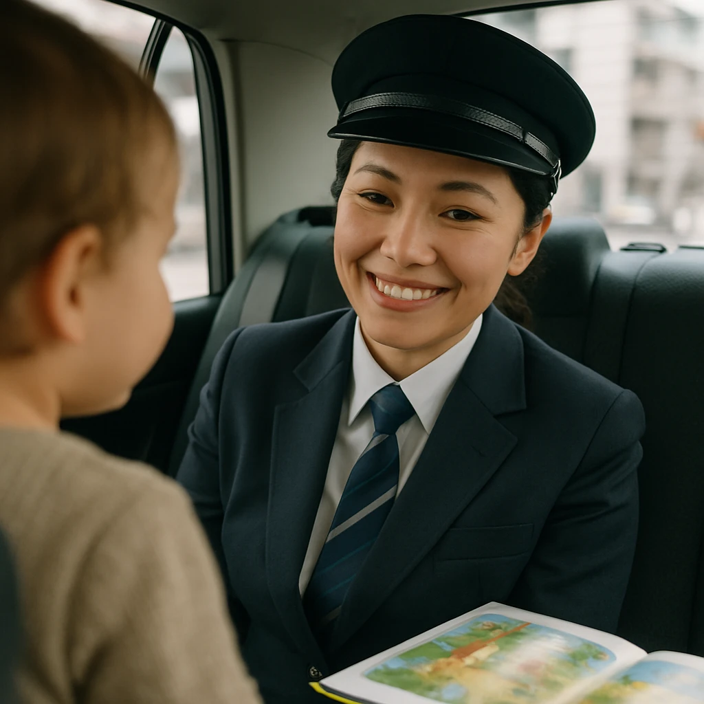 タクシーの運転席で女性運転手が後部座席の子どもを穏やかに見守りながら笑顔を向けている写真。