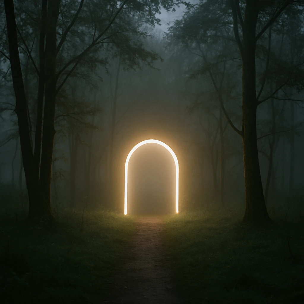 朝もやの森の中で、淡く光るアーチ状の入り口が木立の間に現れている様子。