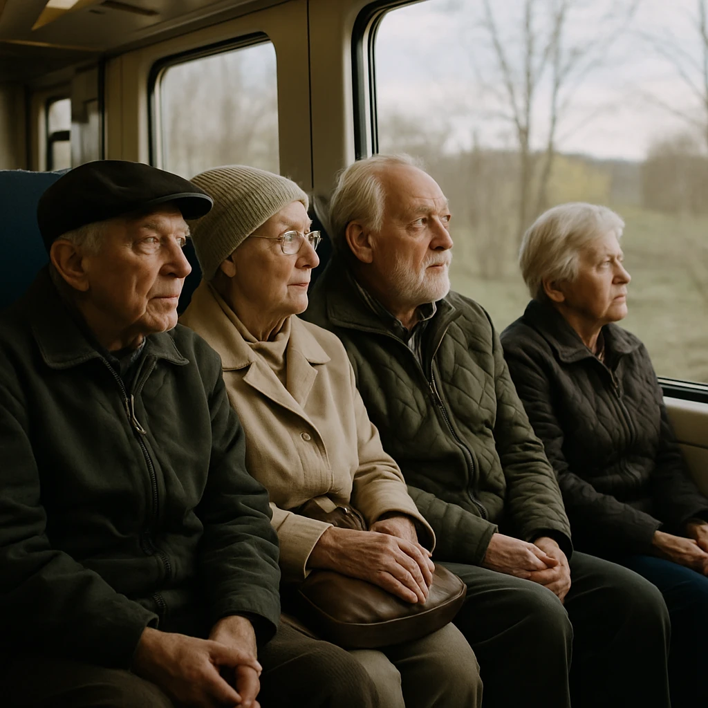 春の車窓から外を見つめる高齢者たちが穏やかに座る列車内の様子。