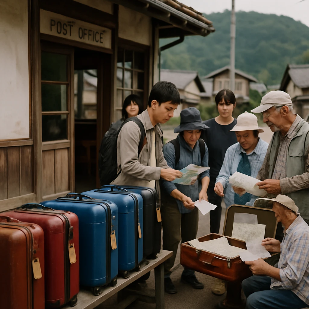 日本の田舎の駅前広場で、色とりどりのスーツケースがベンチに並び、旅人や地元ボランティアが地図やメモを見ている実写風の風景。