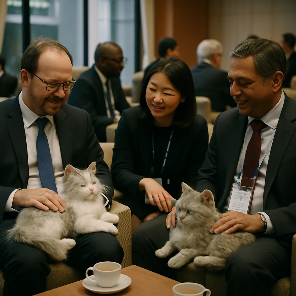 国際会議ラウンジで、外交官たちがAI猫型ロボットを撫でながらリラックスして談笑している様子の写真。