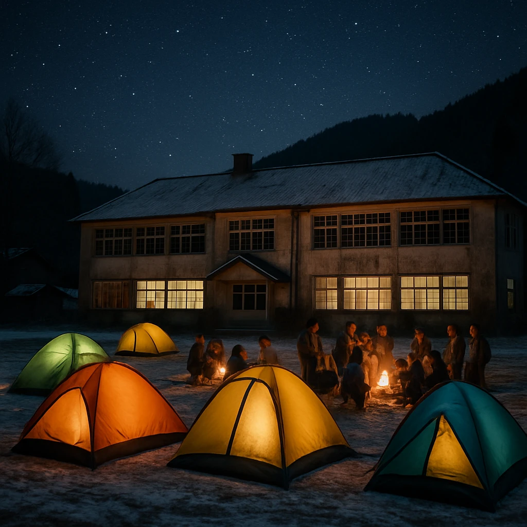 雪がうっすら積もった旧校舎前の広場に、暖かな灯りがともるテントが並び、星空の下で人々が焚き火を囲む夜の光景。