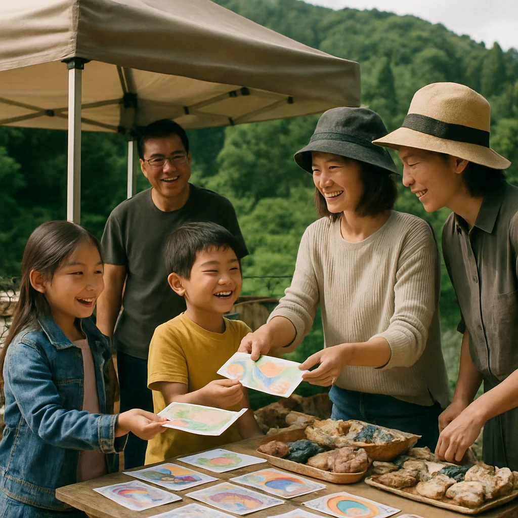 里山の緑に囲まれたマルシェで、子どもと大人がカラフルな紙証書を手渡しながら笑顔で交流している光景。