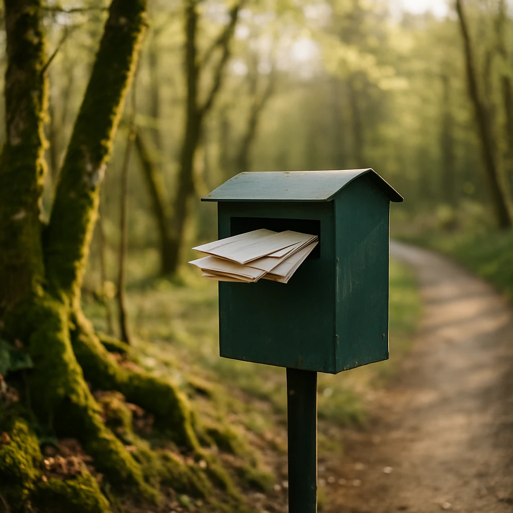 原生林の小道の脇に設置されたみどり色の郵便箱と差し出された手紙の様子を写した写真。