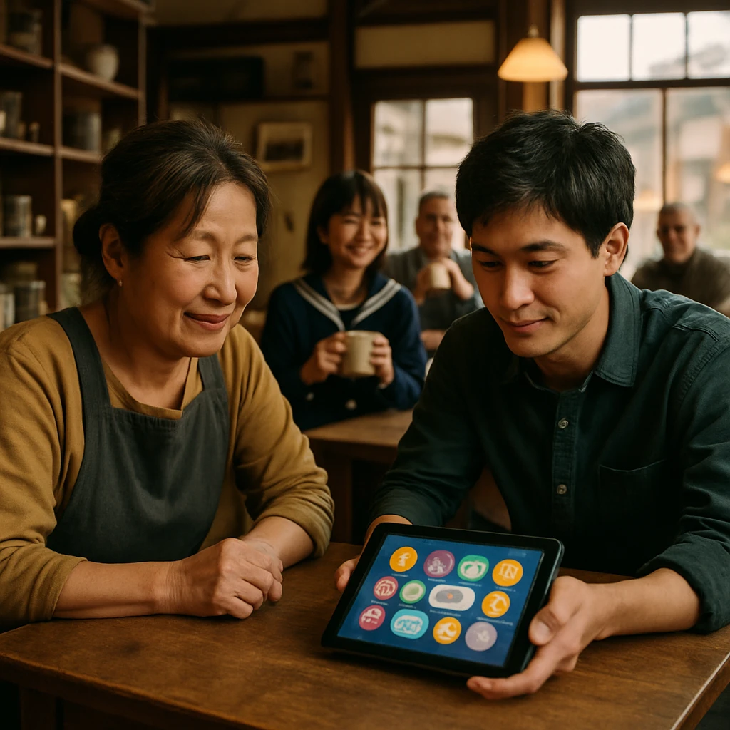 カフェの店内で、店主と若い男性がタブレットに表示されたトークンやメッセージを見て笑顔を交わし、他の客もコーヒーを飲みながら温かい雰囲気の中にいる様子。