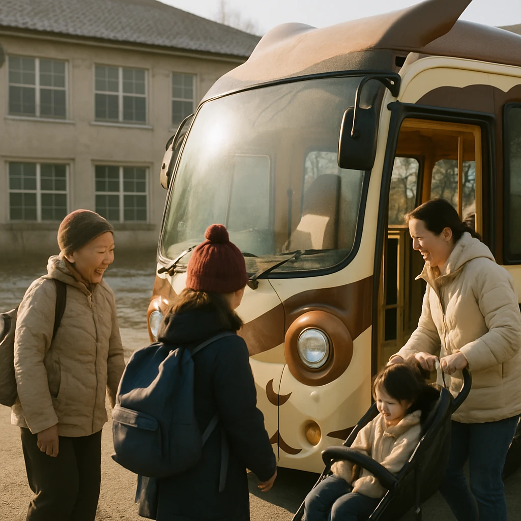 冬の朝、旧校舎前で住民たちがふくろう号バスに笑顔で乗り込む様子を捉えた写真です。