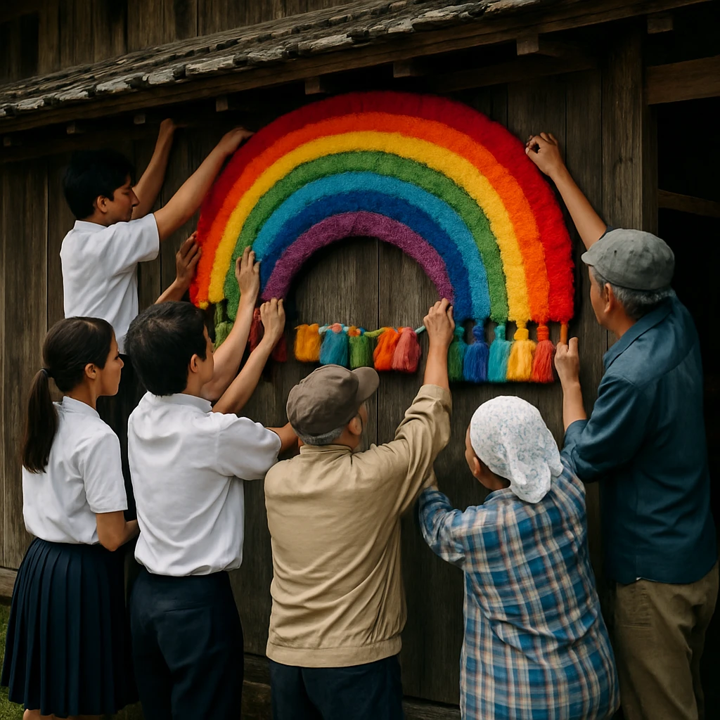 古い木造工房の外壁にカラフルな羊毛の虹色カンバンを高校生と年配の職人たちが共同で取り付けている様子。