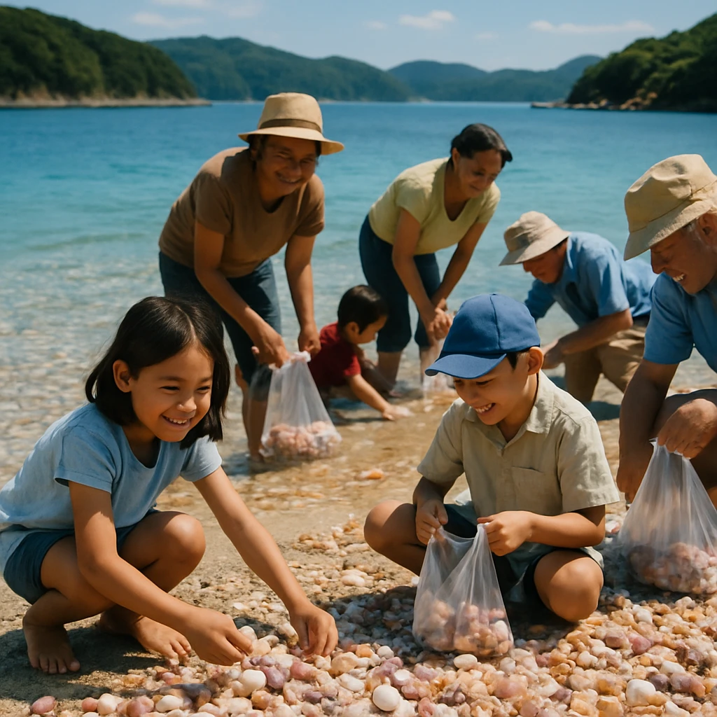 青森県赤川湾の浜辺で、色とりどりの貝殻を夢中で拾う地元住民と子どもたちが海を背景に集まっている様子。