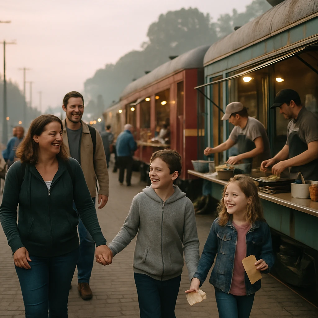 朝の駅前広場に並ぶカラフルなキッチンカーと、入場券を手にワクワクしながら歩く親子連れの様子。