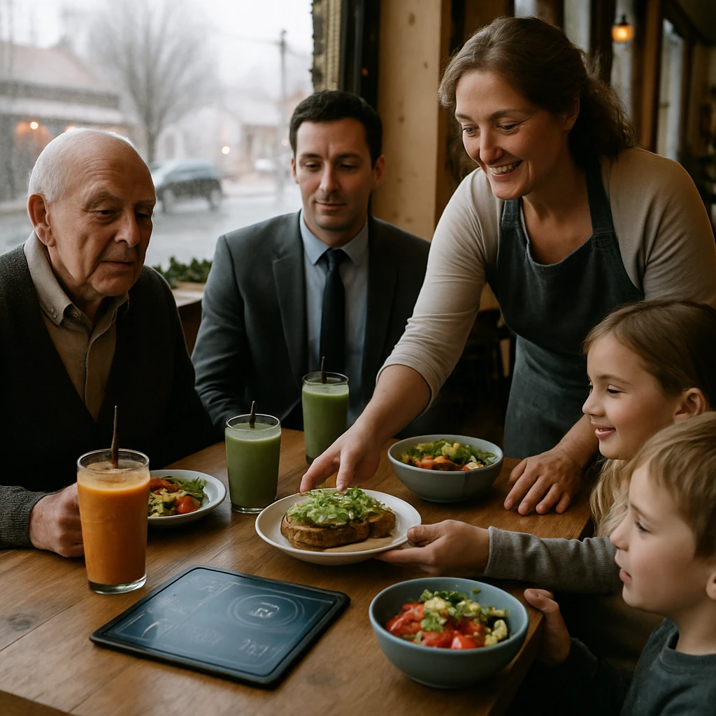 冬の小雨が降る中、木のテーブルを囲んで幅広い世代の客が健康的な朝食を楽しんでいるカフェ店内の様子。
