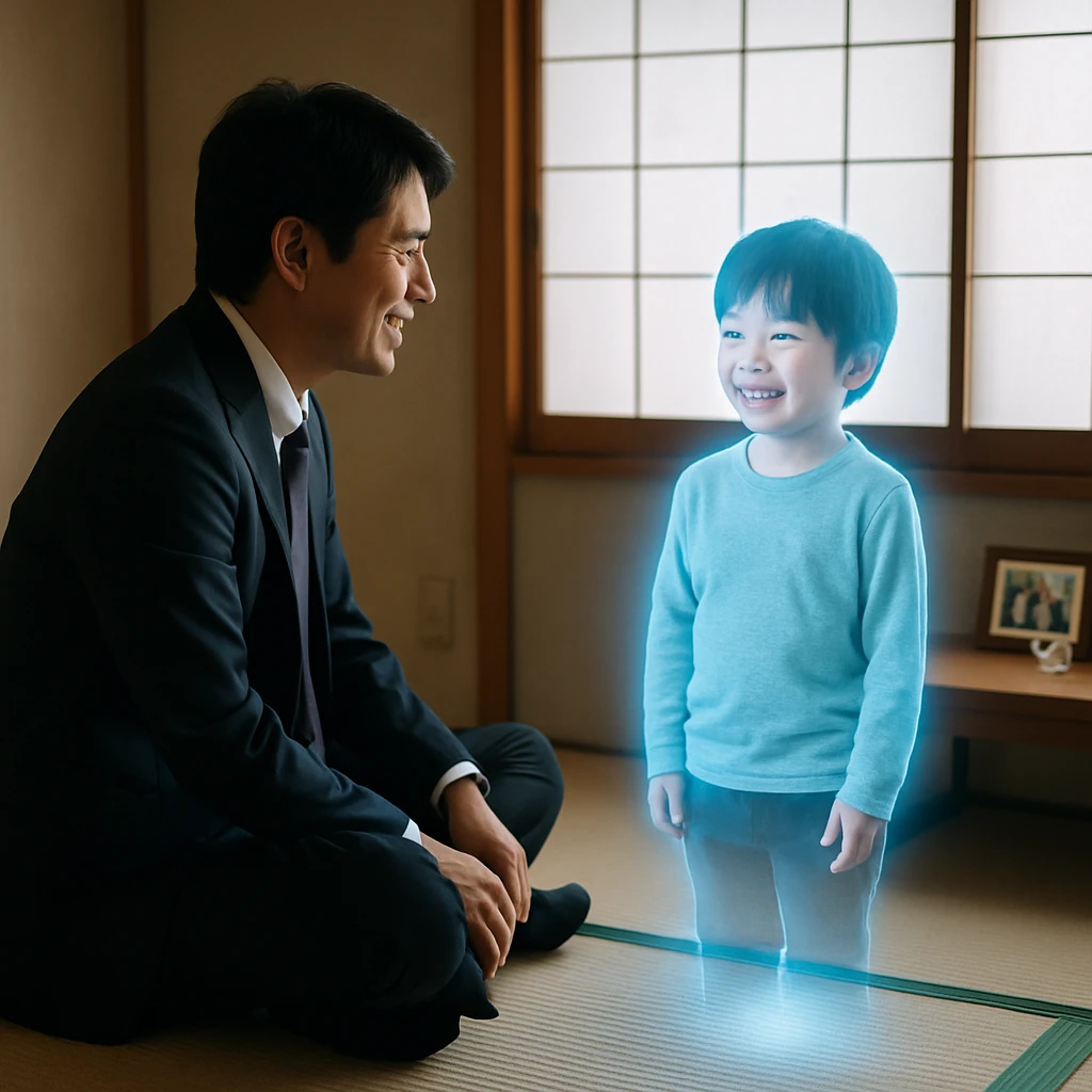 畳の敷かれたオフィスの“ただいまルーム”で、社員が子どもの立体映像に微笑みかける様子のリアルな写真。