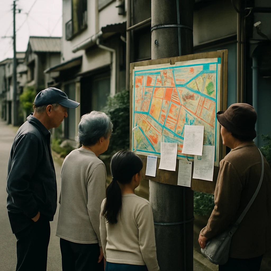 閑静な日本の路地裏で、色とりどりのFIREマップ掲示板を眺め集まる地元の人々の様子。