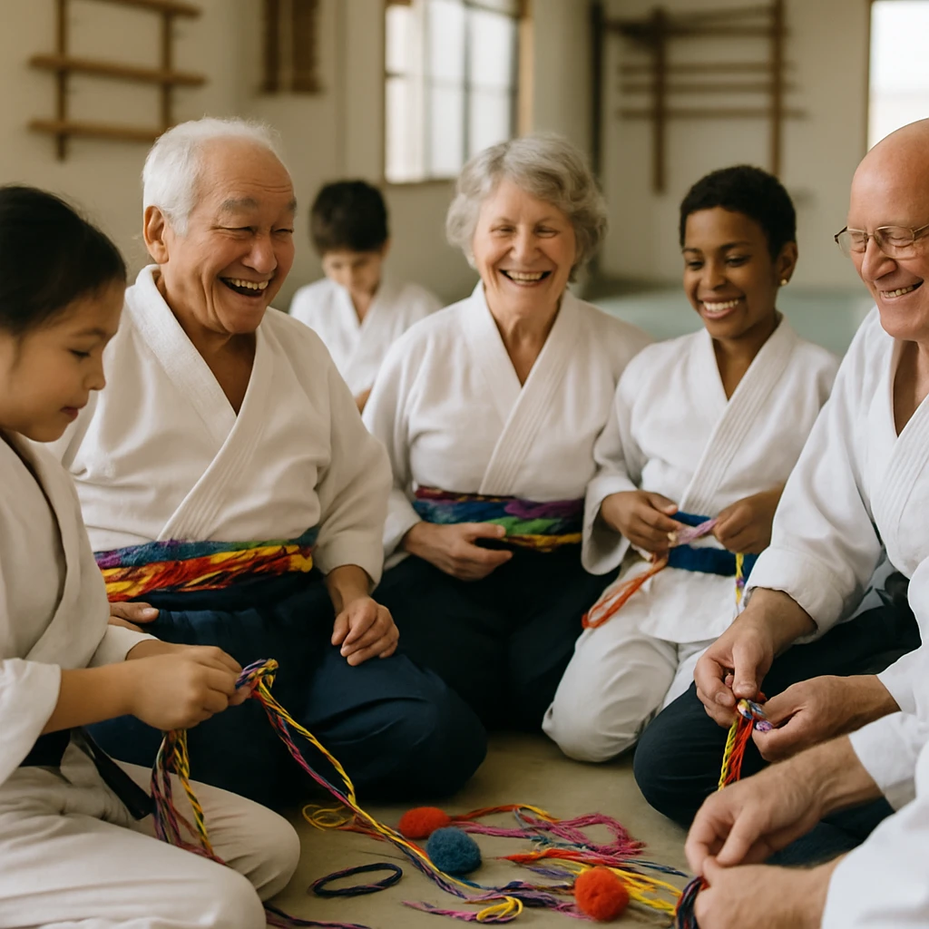 明るい合気道道場で子どもと高齢者が輪になり、毛糸やリボンで色とりどりの帯を手作りしている様子。
