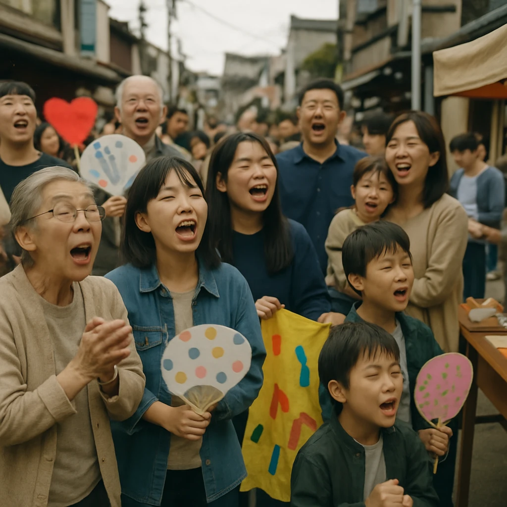 駅前広場で手作り応援ボードを持つ人々が笑顔で合唱し、交流する様子の写真。