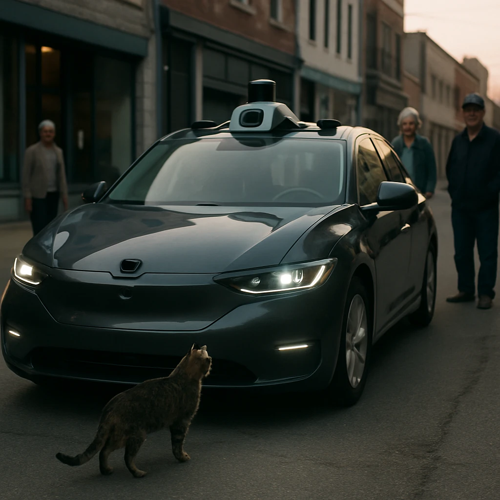 朝の商店街で自動運転車の前に立ち止まる猫とそれを見守る人々の様子。