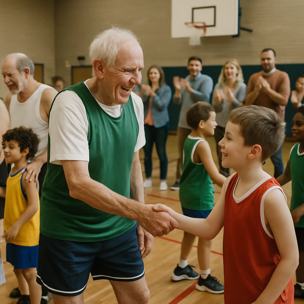 体育館のバスケットコートで高齢者チームと小学生チームの選手たちが笑顔で握手し合い、観客が拍手している様子。