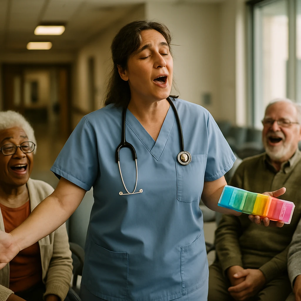 病院の待合室で中年女性の看護師がカラフルなお薬ケースを手に高齢患者たちと歌いながら微笑んでいる様子の写真です。