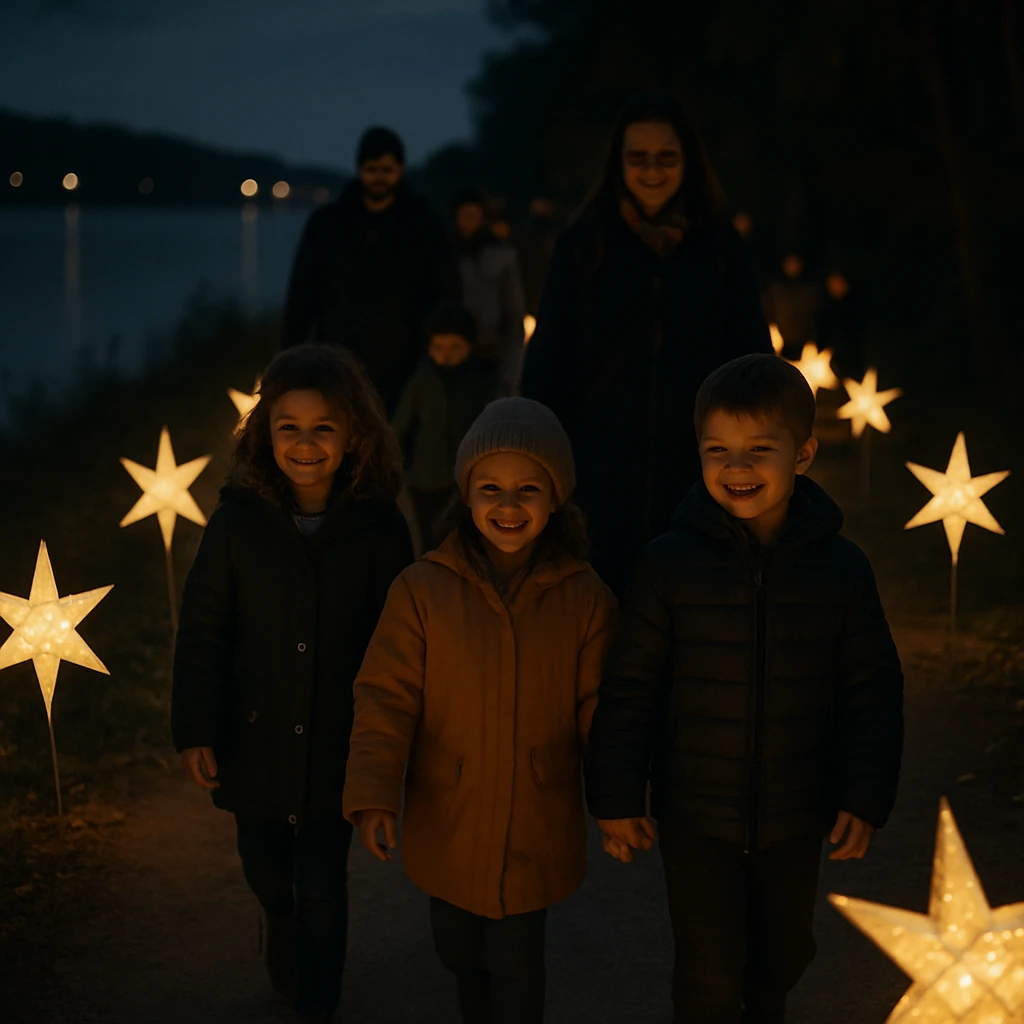 手作りの星型ランタンが灯る小道を家族や子どもたちが笑顔で歩く夜の湖畔の様子。