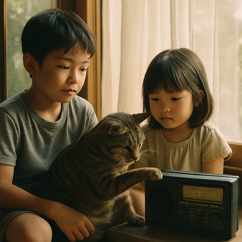 窓辺で短波ラジオに前足を乗せる猫と、隣に寄り添う二人の小学生きょうだいの様子。
