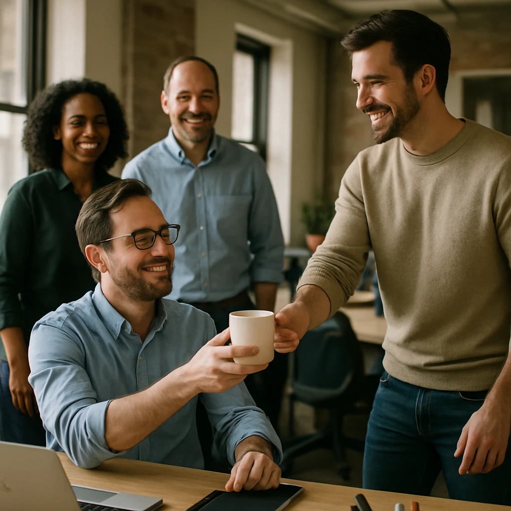 オフィスのデスクで同僚が笑顔でコーヒーを手渡ししている瞬間の写真。