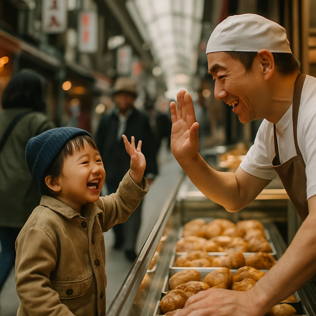 パン屋のカウンター越しに笑顔で店員に挨拶する小学生の子どもと、それに優しく応える店員の様子を捉えた写真。