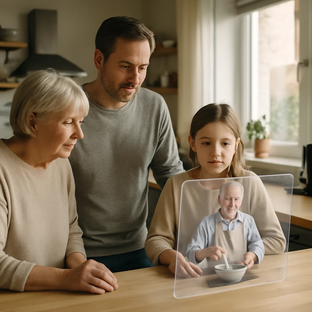 現代的な家庭のキッチンで、三世代の家族がARディスプレイに映る料理教室の様子を見つめている写真。
