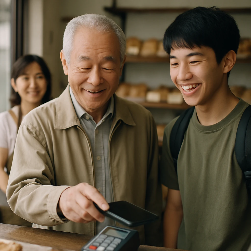ベーカリーのカウンターで祖父がスマートフォン決済をし、孫と微笑み合う様子の実写写真。