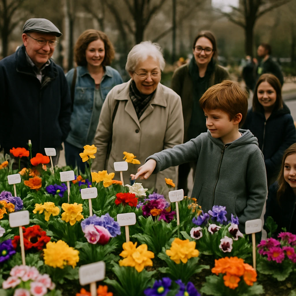 公園の一角に咲き誇る色とりどりの花壇と、花に付けられた手書きラベル、笑顔で花を指さす子どもや高齢者たちの様子。