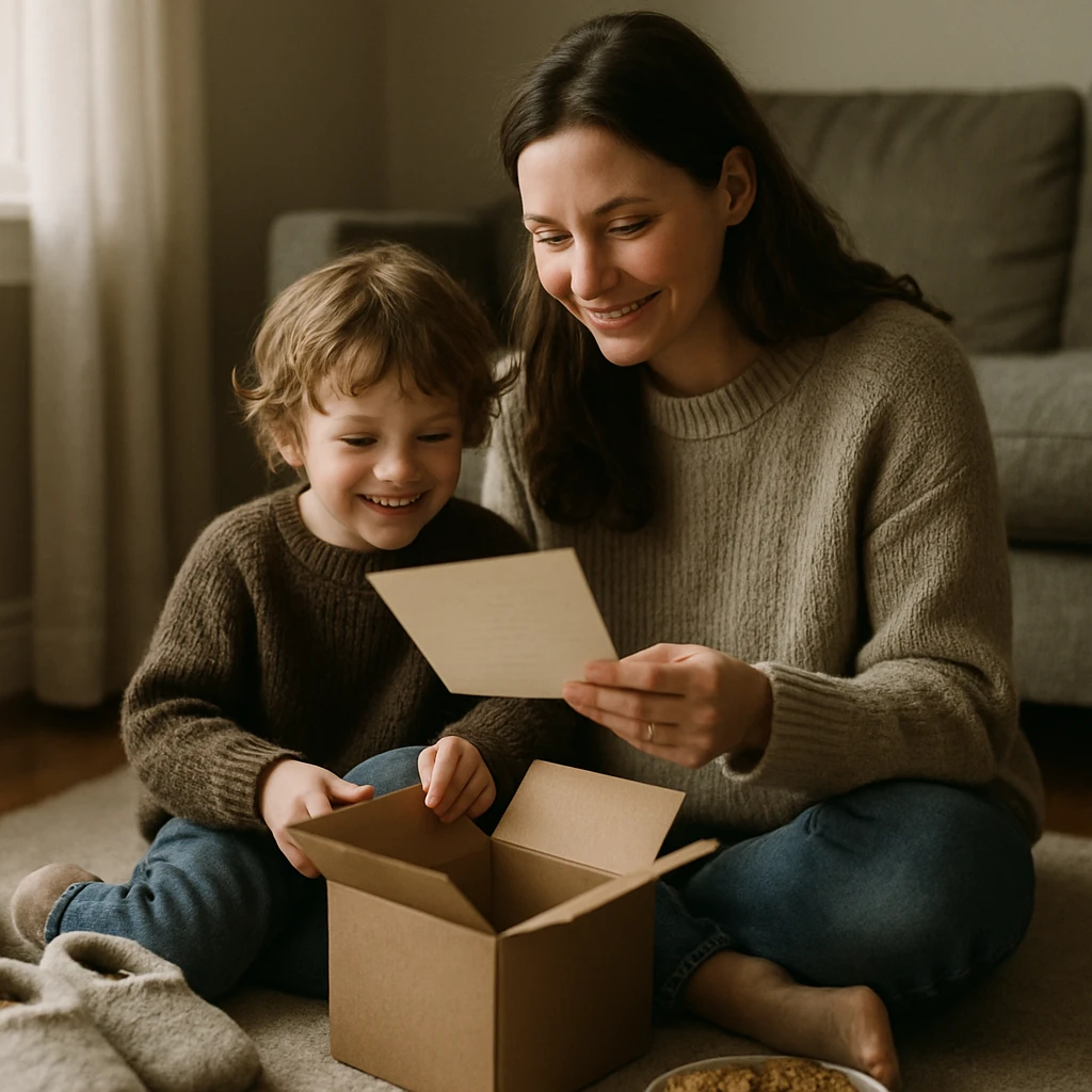 リビングで小さな箱を開けながら手紙を読む親子の自然な笑顔の様子。